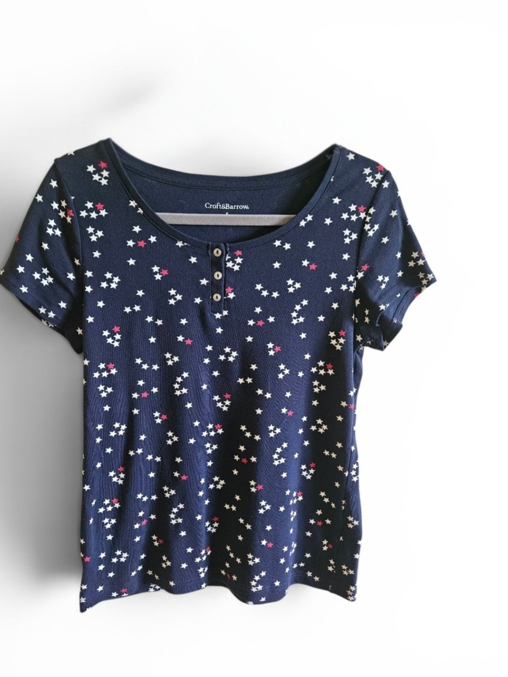 Croft & Barrow Navy Blue Star Print Henley Short Sleeve Top Size Small